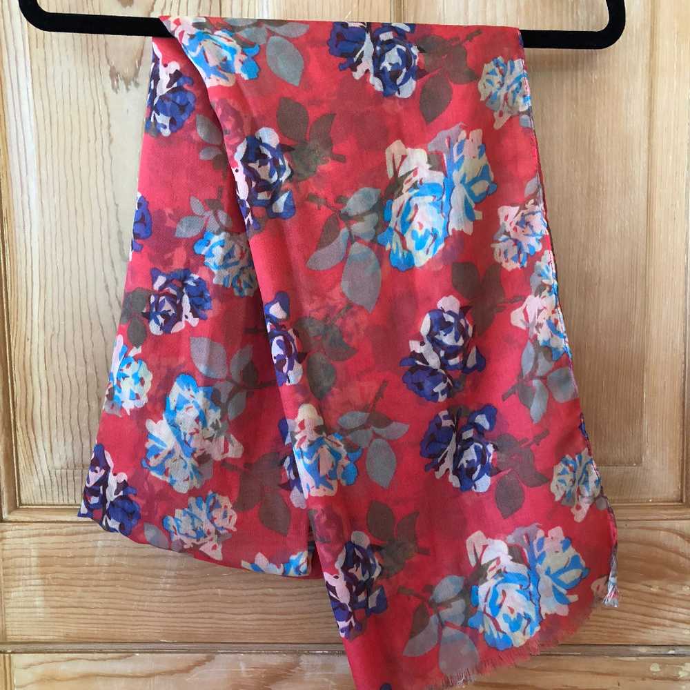 Bright Orange and Blue Floral Scarf / Wrap